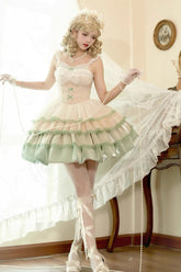 Ivory/Green Glass Dream Multi-layer Ruffle Fish Bone Sweet Lolita Jsk Dress